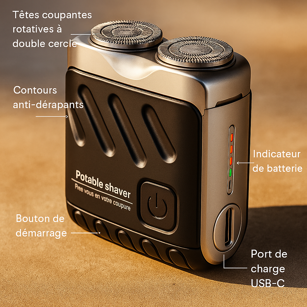 Rasoir électrique portable à double lame, design magnétique, rechargeable par USB.